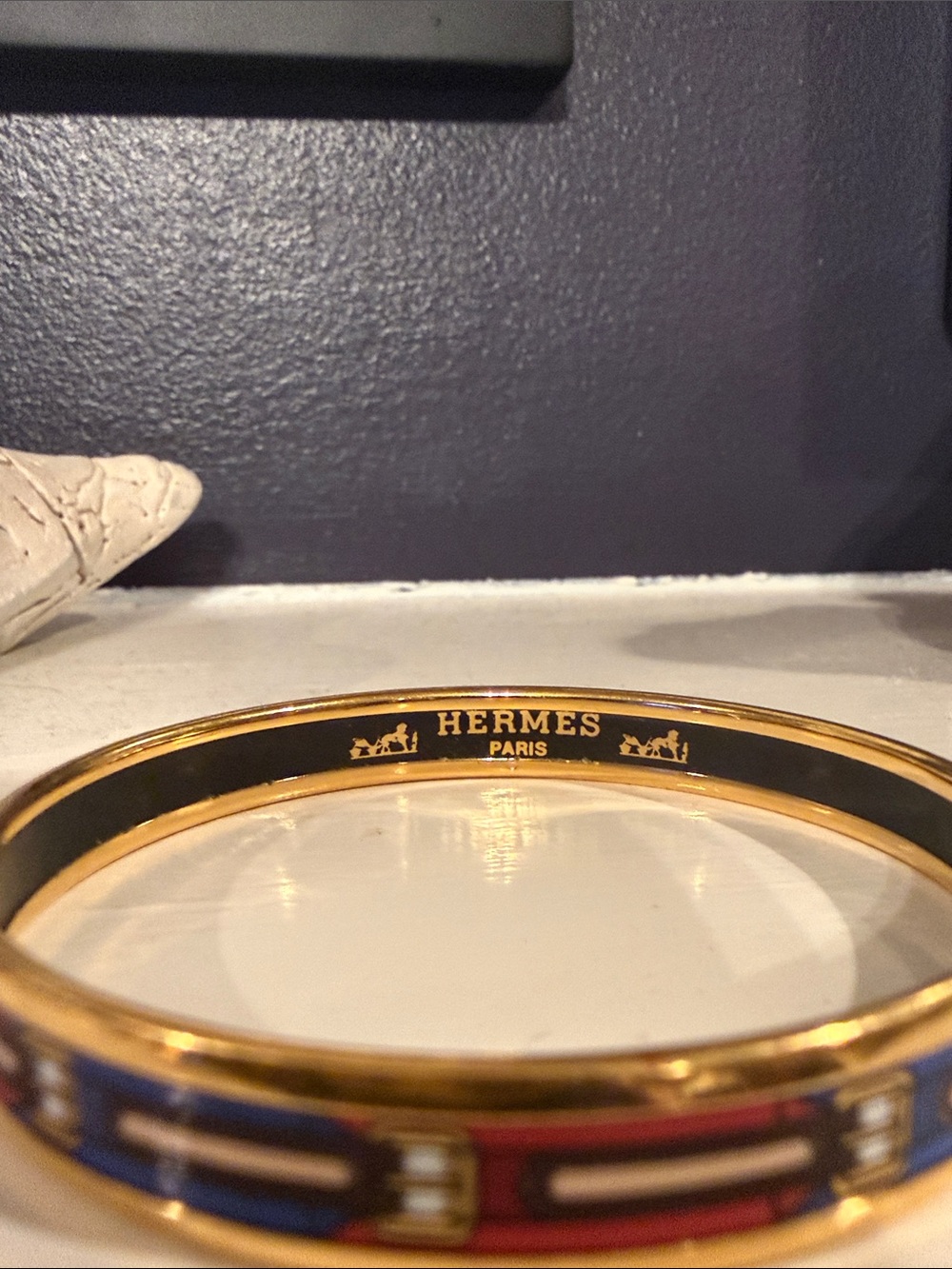 Vintage Hermes Gold Bangle with Black, Red & Blue Enamel